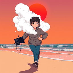 A teenage boy wearing a hoodie, with a thick cloud of white smoke emitting from the top of the hoodie, completely covering his face