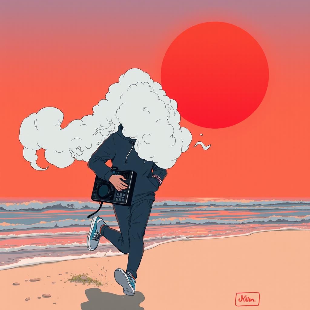 A teenage boy wearing a hoodie, with a thick cloud of white smoke emitting from the top of the hoodie, completely covering his face