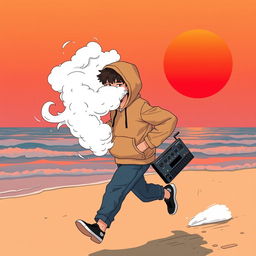 A teenage boy wearing a hoodie, with a thick cloud of white smoke emitting from the top of the hoodie, completely covering his face