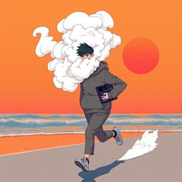 A teenage boy wearing a hoodie, with a thick cloud of white smoke emitting from the top of the hoodie, completely covering his face