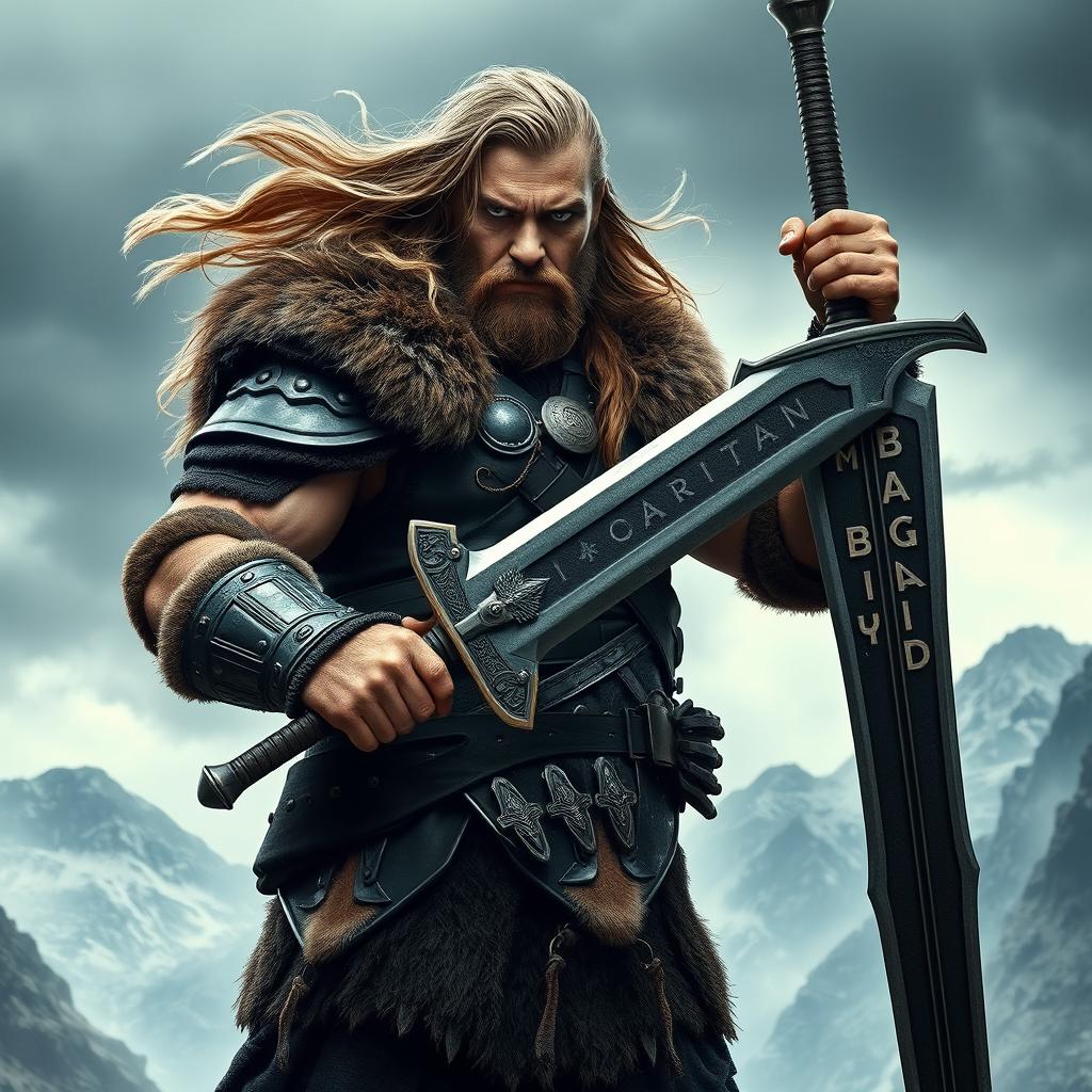 A fierce warrior named Ragnar stands tall in a dramatic pose, holding a mighty sword that has the words 'I'M BARDIA' emblazoned on the blade