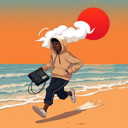 A lo-fi anime style illustration of an African American teenage boy figure wearing a hoodie that fully covers his head, with a thick cloud of white smoke emanating from where his head would be
