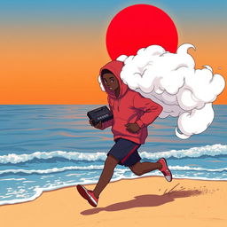 A lo-fi anime style illustration of an African American teenage boy figure wearing a hoodie that fully covers his head, with a thick cloud of white smoke emanating from where his head would be