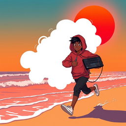 A lo-fi anime style illustration of an African American teenage boy figure wearing a hoodie that fully covers his head, with a thick cloud of white smoke emanating from where his head would be