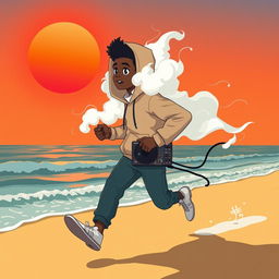 A lo-fi anime style illustration of an African American teenage boy figure wearing a hoodie that fully covers his head, with a thick cloud of white smoke emanating from where his head would be