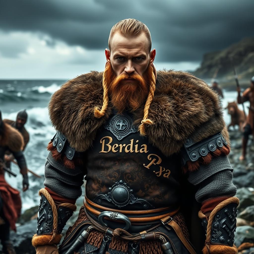 A fierce Viking warrior resembling Ragnar Lothbrok from the series 'Vikings', depicted in an epic battle scene on a rugged shore