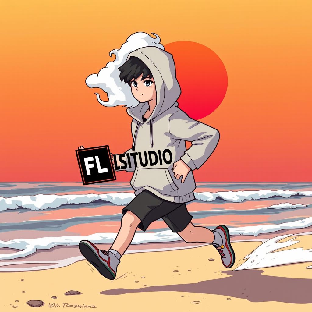 A lo-fi anime style illustration of a teenage boy figure wearing a hoodie that fully covers his head, with a thick cloud of white smoke billowing from where his head would be