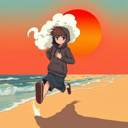 A lo-fi anime style illustration of a teenage boy figure wearing a hoodie that fully covers his head, with a thick cloud of white smoke billowing from where his head would be