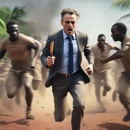 Conceptual scene of Jordan Peterson in full stride, escaping from a group of Far Cry 3 natives charging with machetes. Fear and determination evident on his expression.