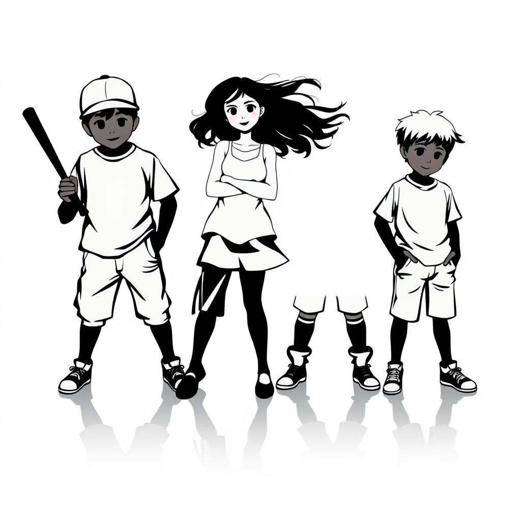 A detailed silhouette of three boys and one girl standing together, their shadows cast on a plain, white background, showcasing distinct features of the four figures