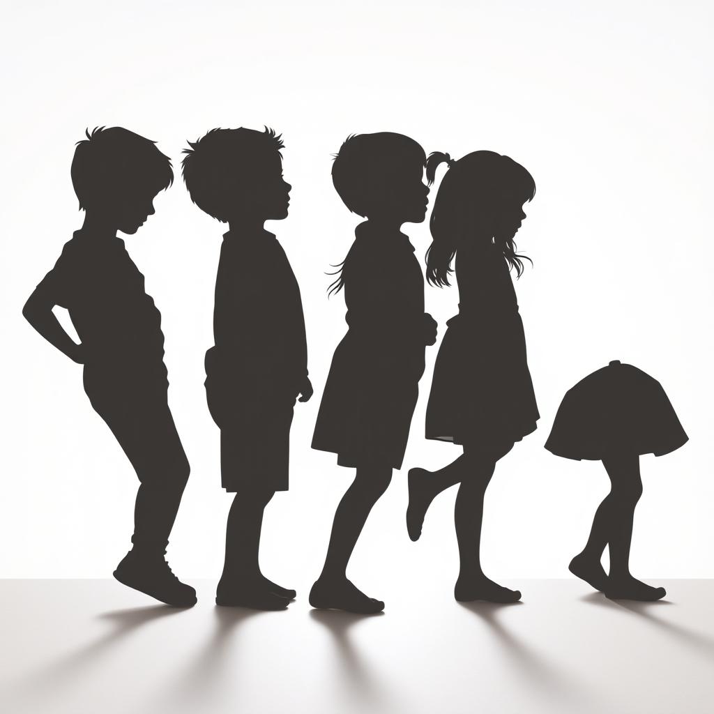 A minimalist design featuring the silhouettes of three boys and one girl in profile