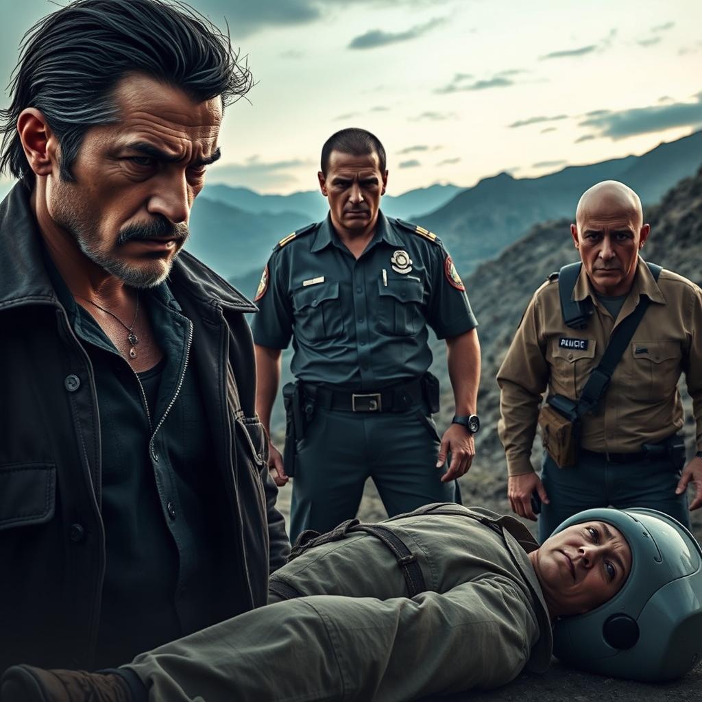 A dramatic scene from the movie titled 'Altiplano', featuring three distinct characters: a rugged narco with a stern expression and a stylish outfit, a determined police officer in a uniform looking serious and ready for action, and a short, bald bus driver, nervous and apprehensive, standing beside a cadaver on the ground
