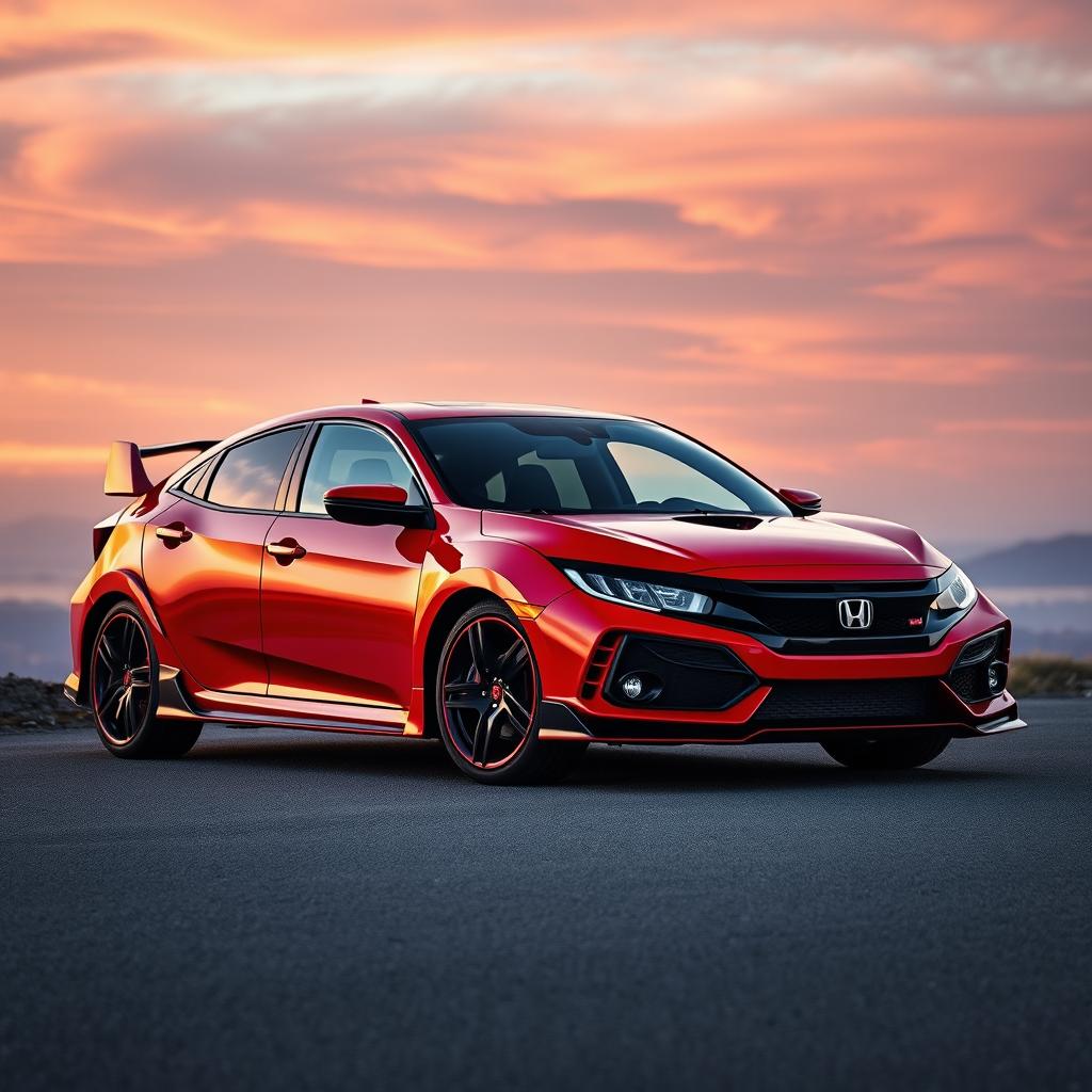 A sleek and sporty Honda Civic Type R parked on a scenic overlook, featuring a vibrant red color with striking black accents
