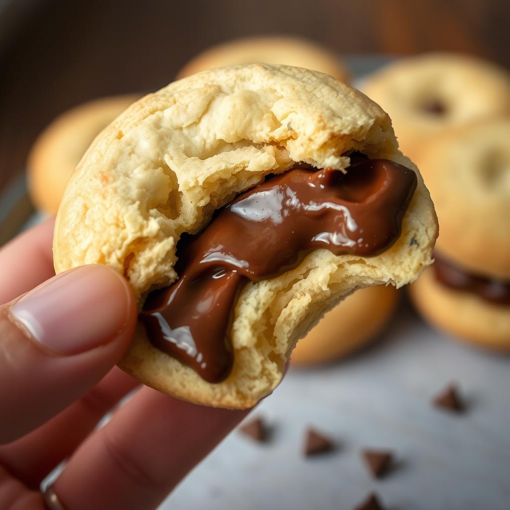 A close-up scene of a perfectly round biscuit being bitten into, with rich, molten chocolate oozing out from the center