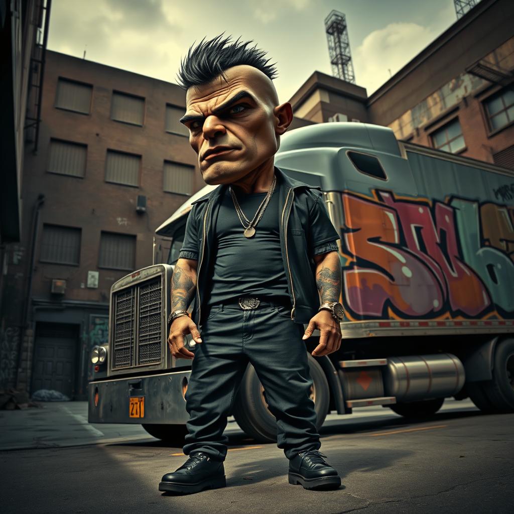 A scene featuring a large-headed drug trafficker standing next to a massive truck, dressed in stylish urban attire