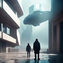 A dramatic scene depicting a man, face obscure, abandoning his friend in a futuristic 2023 setting.