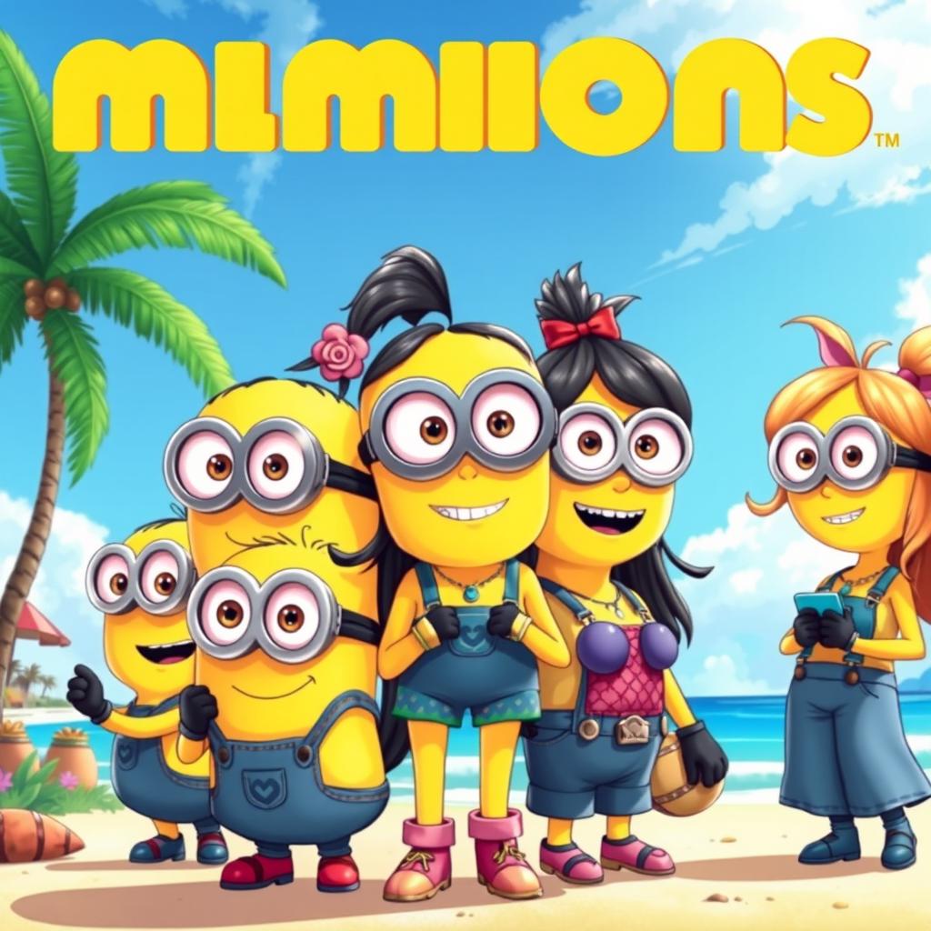 A whimsical and colorful illustration featuring a group of cute female characters inspired by the Minions