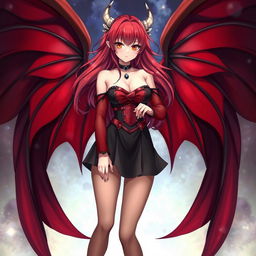 A sexy redhead waifu character in an appealing anime style, featuring elegant wings and dressed in a stunning black shoulderless revealing outfit