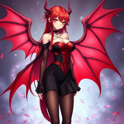 A sexy redhead waifu character in an appealing anime style, featuring elegant wings and dressed in a stunning black shoulderless revealing outfit