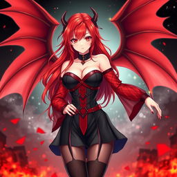 A sexy redhead waifu character in an appealing anime style, featuring elegant wings and dressed in a stunning black shoulderless revealing outfit