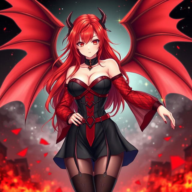 A sexy redhead waifu character in an appealing anime style, featuring elegant wings and dressed in a stunning black shoulderless revealing outfit