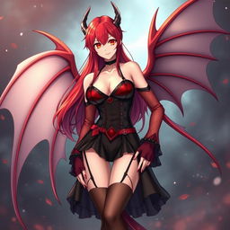 A sexy redhead waifu character in an appealing anime style, featuring elegant wings and dressed in a stunning black shoulderless revealing outfit