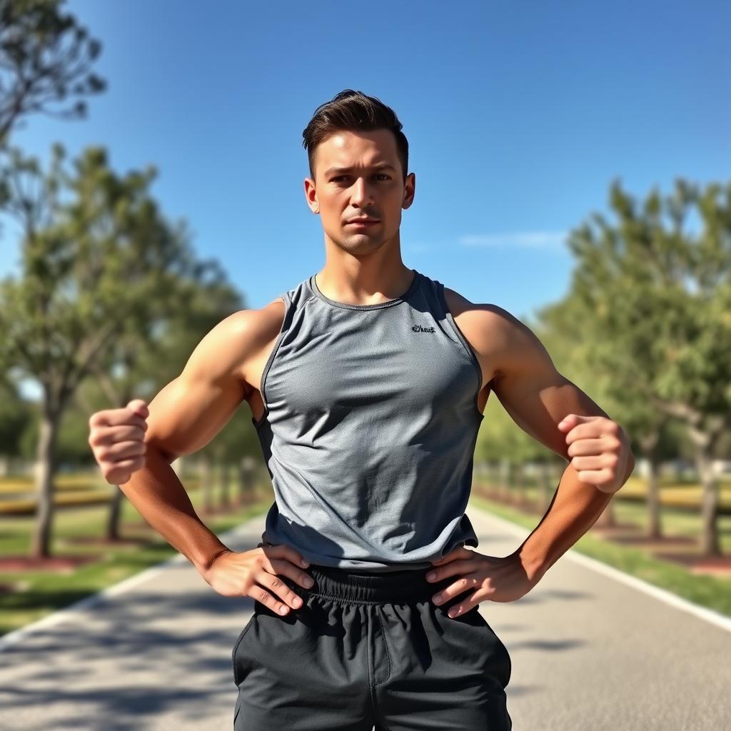 A focused individual practicing discipline, standing confidently in a serene outdoor setting