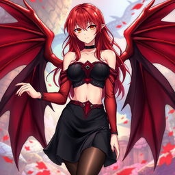 A sexy redhead waifu character in an engaging anime style, featuring stunning wings and attired in a captivating black shoulderless revealing outfit