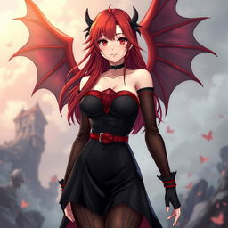 A sexy redhead waifu character in an engaging anime style, featuring stunning wings and attired in a captivating black shoulderless revealing outfit