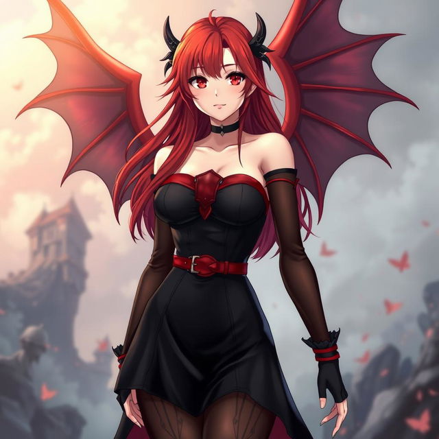 A sexy redhead waifu character in an engaging anime style, featuring stunning wings and attired in a captivating black shoulderless revealing outfit