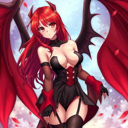 A sexy redhead waifu character in an engaging anime style, featuring stunning wings and attired in a captivating black shoulderless revealing outfit