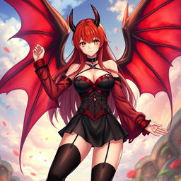 A sexy redhead waifu character in an engaging anime style, featuring stunning wings and attired in a captivating black shoulderless revealing outfit