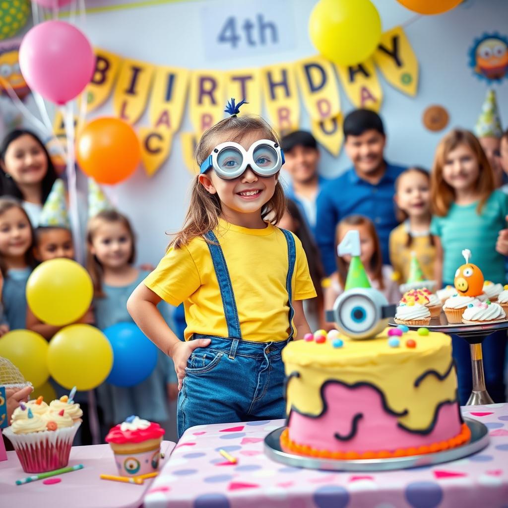 A vibrant and cheerful scene depicting a 4th birthday party featuring a girl dressed in a Minion costume, complete with goggles and a yellow shirt