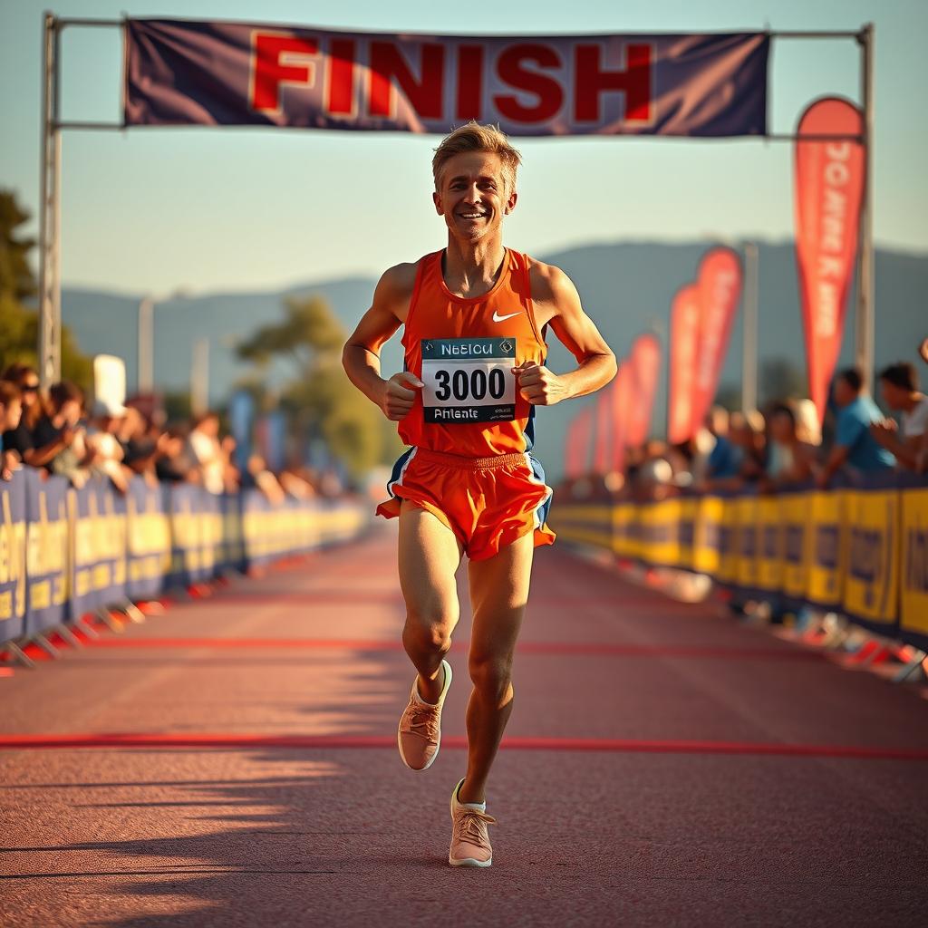 An individual sprinting triumphantly toward the finish line of a race, filled with determination and excitement