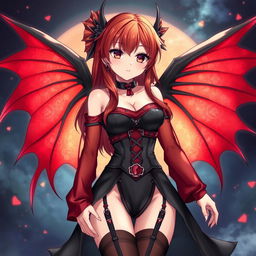 A sexy redhead waifu character in a captivating anime style, featuring elegant wings and adorned in a striking black shoulderless revealing outfit