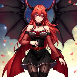 A sexy redhead waifu character in a captivating anime style, featuring elegant wings and adorned in a striking black shoulderless revealing outfit