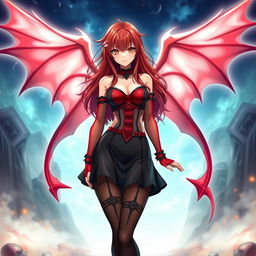 A sexy redhead waifu character in a captivating anime style, featuring elegant wings and adorned in a striking black shoulderless revealing outfit
