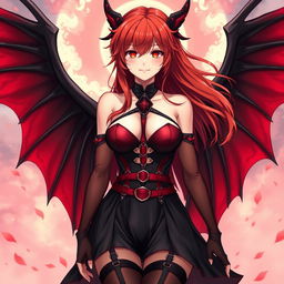 A sexy redhead waifu character in a captivating anime style, featuring elegant wings and adorned in a striking black shoulderless revealing outfit
