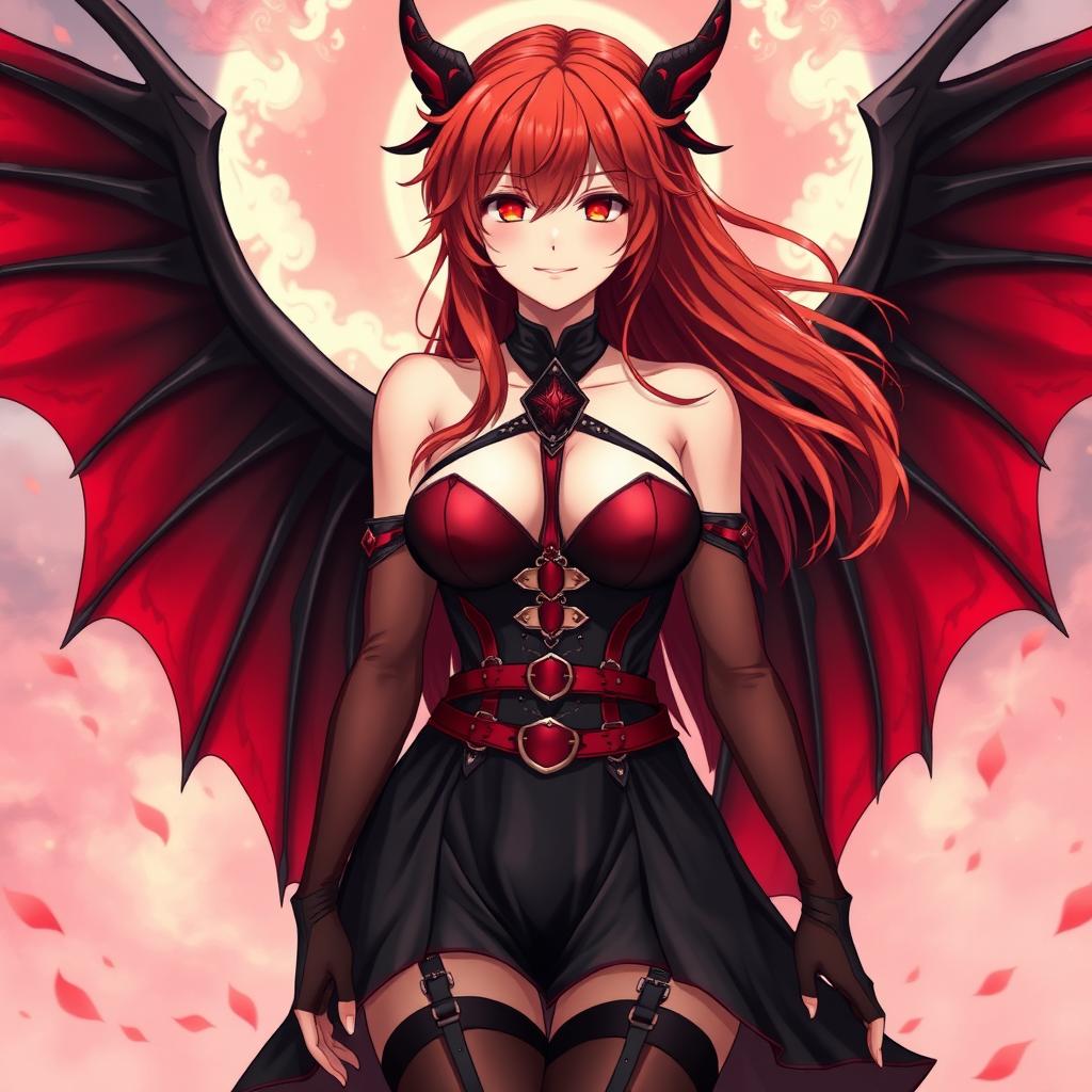 A sexy redhead waifu character in a captivating anime style, featuring elegant wings and adorned in a striking black shoulderless revealing outfit