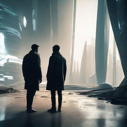 A dramatic scene depicting a man, face obscure, abandoning his friend in a futuristic 2023 setting.