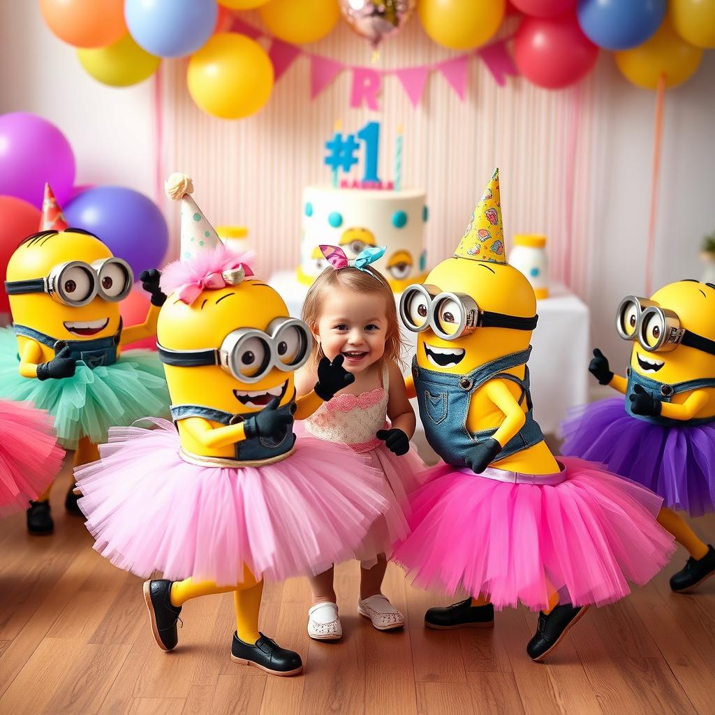A lively and fun scene at a 4th birthday party featuring adorable Minions dressed in colorful tutus, dancing and celebrating joyfully