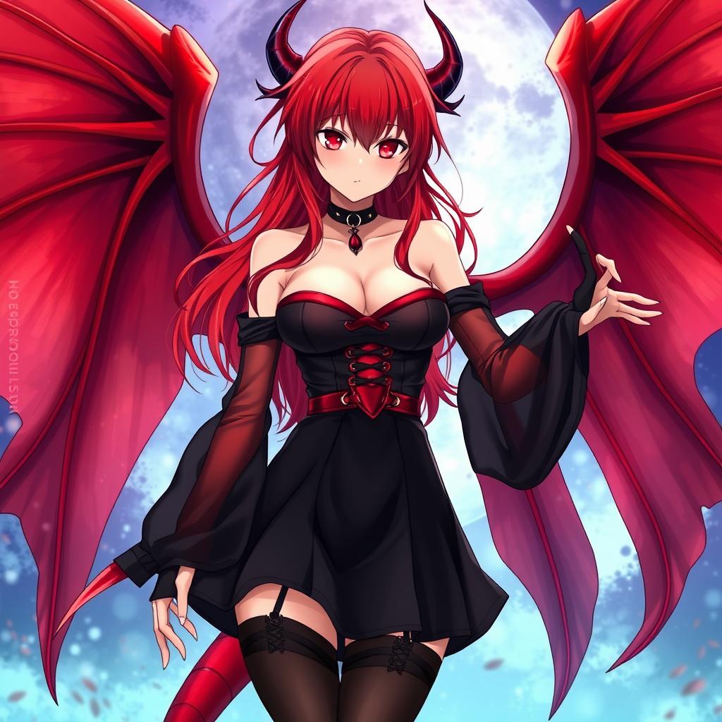 A sexy redhead waifu character in a striking anime style, showcasing beautiful wings and dressed in a captivating black shoulderless revealing outfit