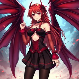 A sexy redhead waifu character in a striking anime style, showcasing beautiful wings and dressed in a captivating black shoulderless revealing outfit