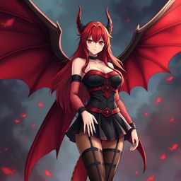 A sexy redhead waifu character in a striking anime style, showcasing beautiful wings and dressed in a captivating black shoulderless revealing outfit