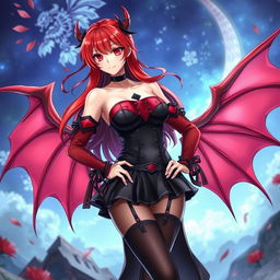 A sexy redhead waifu character in a striking anime style, showcasing beautiful wings and dressed in a captivating black shoulderless revealing outfit