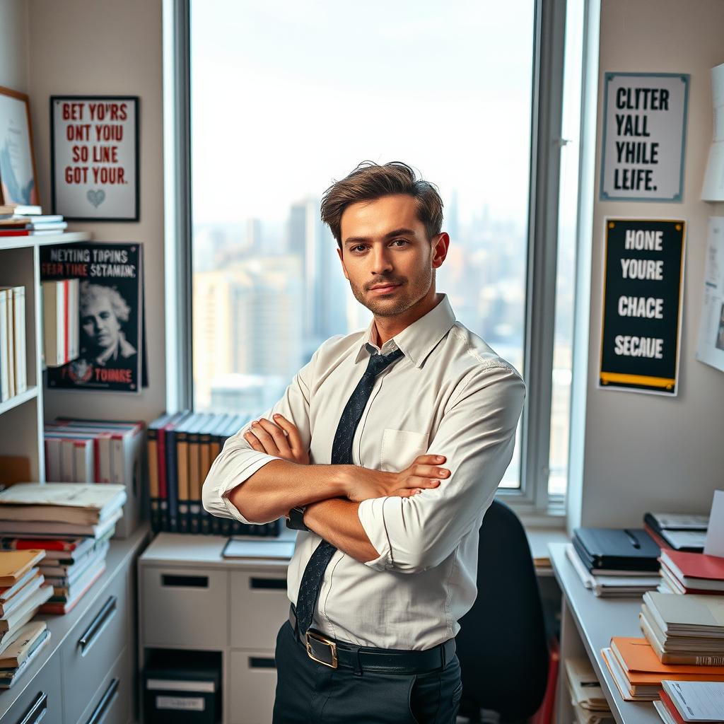 A determined individual demonstrating discipline, standing confidently in a well-organized workspace filled with books and motivational posters