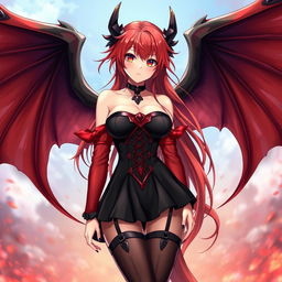 A sexy redhead waifu character in an enchanting anime style, showcasing beautiful wings and dressed in a striking black shoulderless revealing outfit