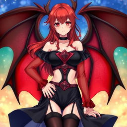 A sexy redhead waifu character in an enchanting anime style, showcasing beautiful wings and dressed in a striking black shoulderless revealing outfit