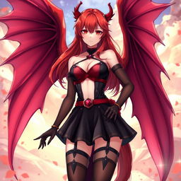 A sexy redhead waifu character in an enchanting anime style, showcasing beautiful wings and dressed in a striking black shoulderless revealing outfit
