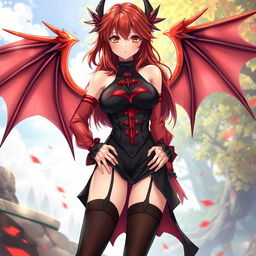 A sexy redhead waifu character in an enchanting anime style, showcasing beautiful wings and dressed in a striking black shoulderless revealing outfit